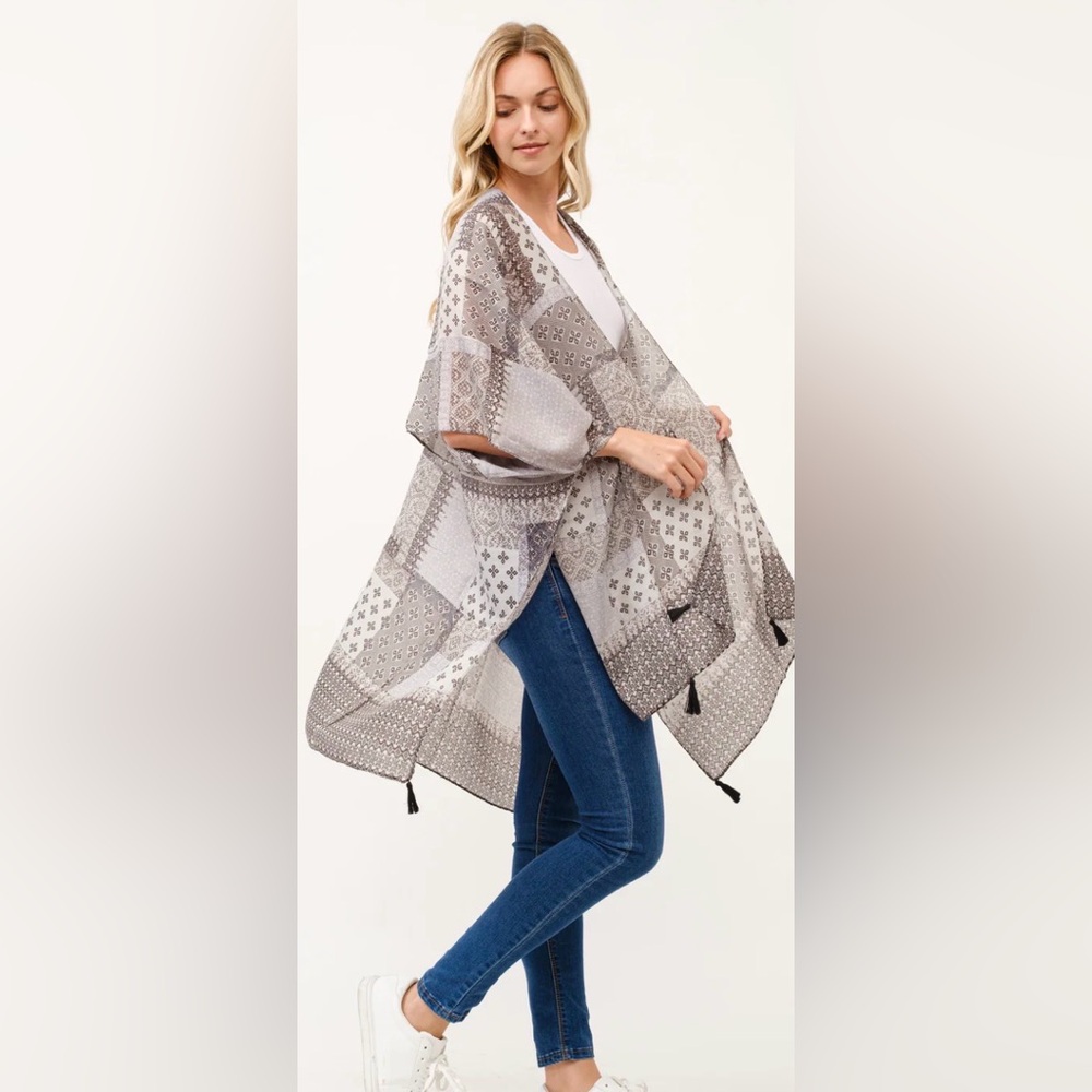 Raj Gray Patchwork Open-Front Kimono Sweater with… - image 3